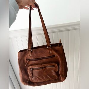 Genuine Leather Cognac Brown Shoulder Tote Bag 2 Front Zipper